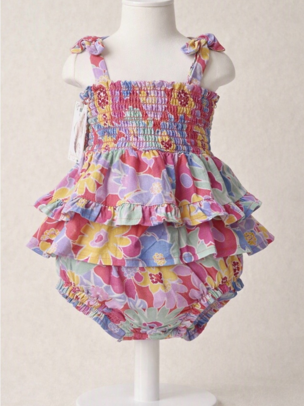 Jessica Simpson Multi-Color Floral Ruffle Smocked Baby Romper